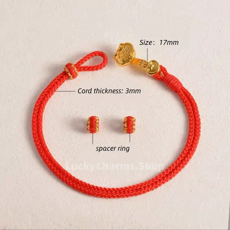 Red braided bracelet layout with gold Ruyi clasp, showing 17mm clasp and 3mm cord sizes.