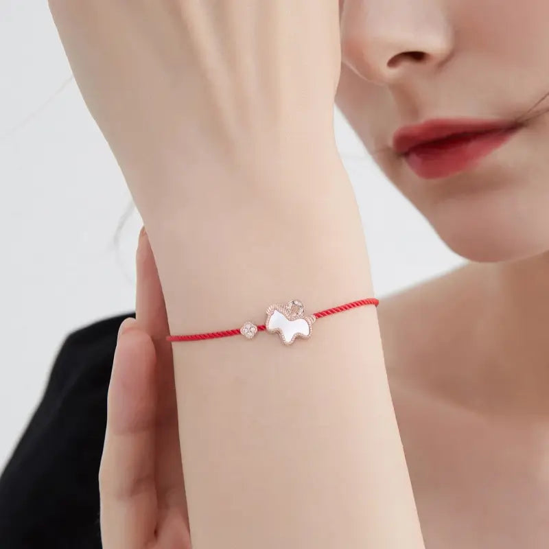 The Celestial Triumph - Hand-Braided 1mm Sovereign Ultra-Fine Crimson Cord with S925 Rose Gold-Plated 12×13mm Equine Charm, Natural Mother-of-Pearl & Cubic Zirconia Inlay Bracelet