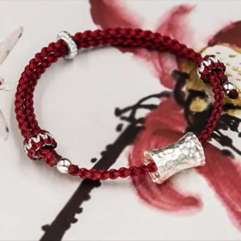 The Divine Resonance - Authentic S925 Sterling Silver 14.9*9mm Peanut-Textured Cylinder Passageway Bead with Premium High-Density Crimson & Meadow Green Woven Cord Couples Bracelet