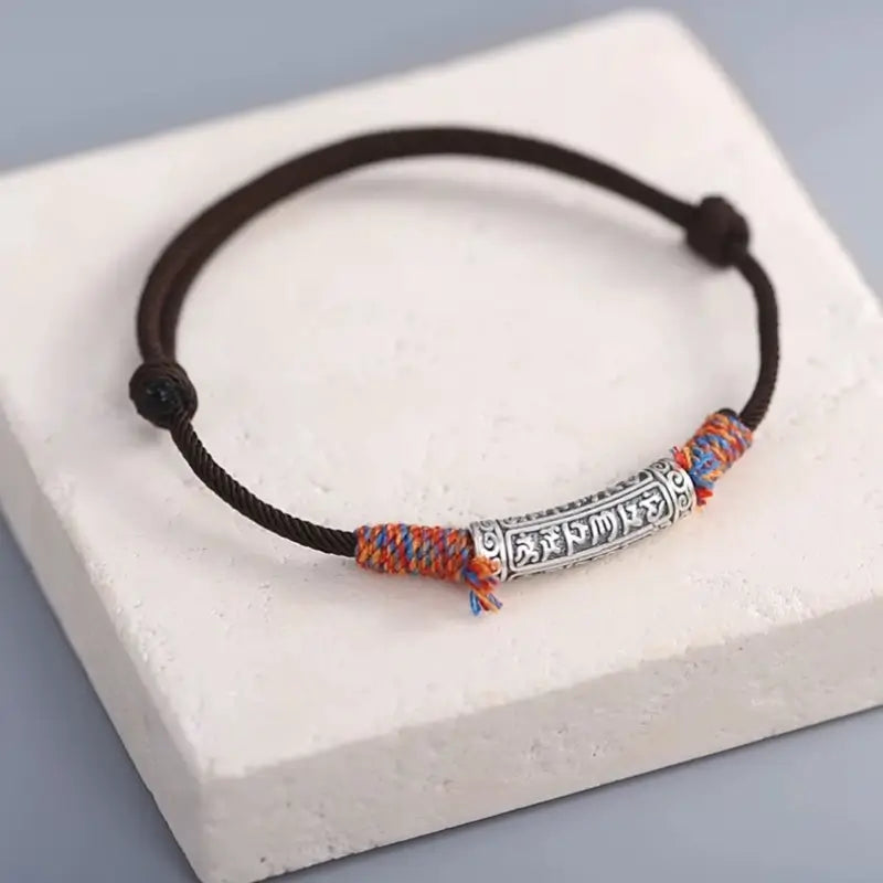 Bracelet Lu Lu Tong en argent pur 999 pour couple | Mantra à six syllabes, cordons tibétains tressés rouges et noirs