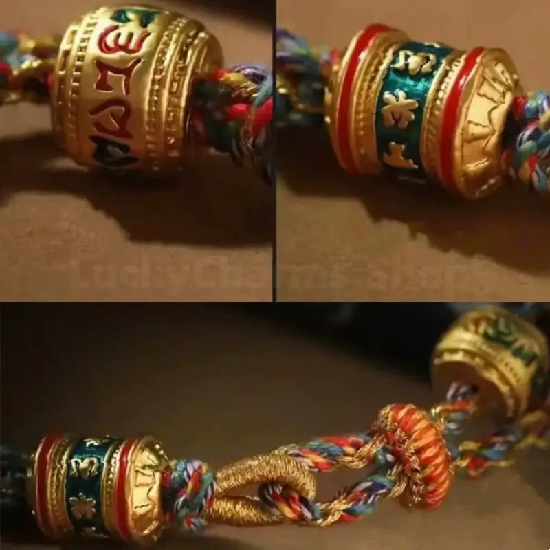 Detailed view of gold Six-Syllable Mantra fortune turning beads on colorful handwoven rope bracelet.