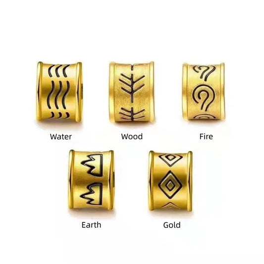 金メッキ五行盧溝橋ブレスレット|ブラックゴールド編み込みレザーコード、サイズ調整可能