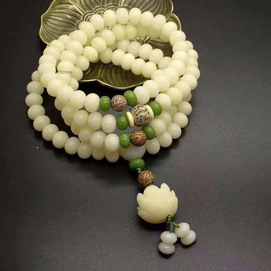LuckyCharms White Jade Bodhi Seed Lotus Blessing Mala 108 Beads Bracelet