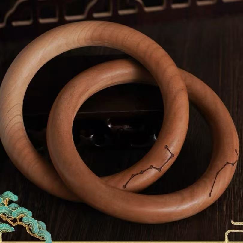 LuckyCharms Natural Peach Wood Big Dipper Blessing Taoist YinYang Qiankun Ring