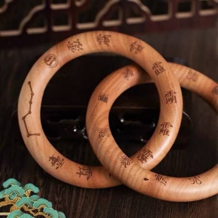 LuckyCharms Natural Peach Wood Nine-Syllable Mantra Blessing YinYang Qiankun Ring