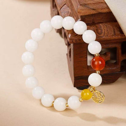 LuckyCharms White Jade Bodhi Seed Fortune Blessing Pendant Bracelet