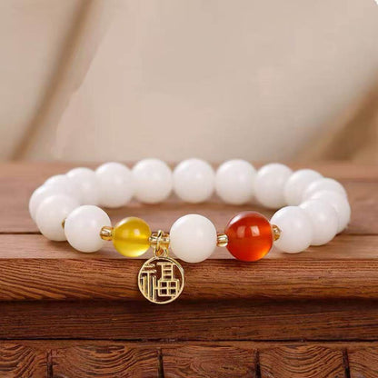 LuckyCharms White Jade Bodhi Seed Fortune Blessing Pendant Bracelet