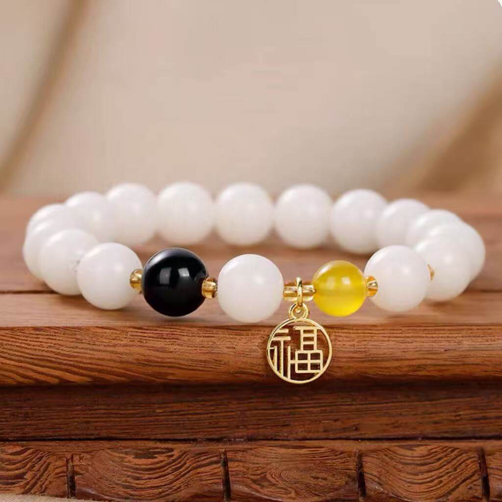 LuckyCharms White Jade Bodhi Seed Fortune Blessing Pendant Bracelet