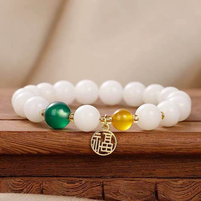 LuckyCharms White Jade Bodhi Seed Fortune Blessing Pendant Bracelet