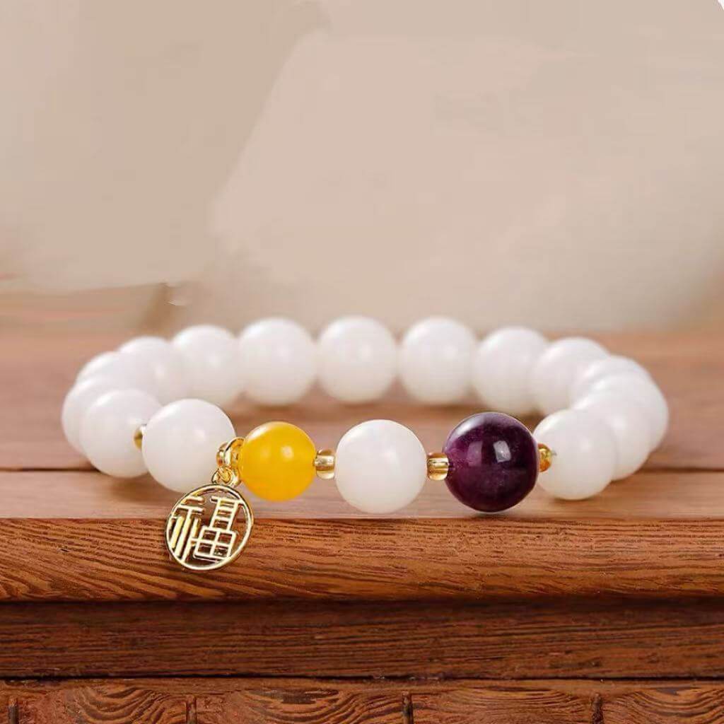 LuckyCharms White Jade Bodhi Seed Fortune Blessing Pendant Bracelet