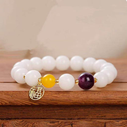 LuckyCharms White Jade Bodhi Seed Fortune Blessing Pendant Bracelet