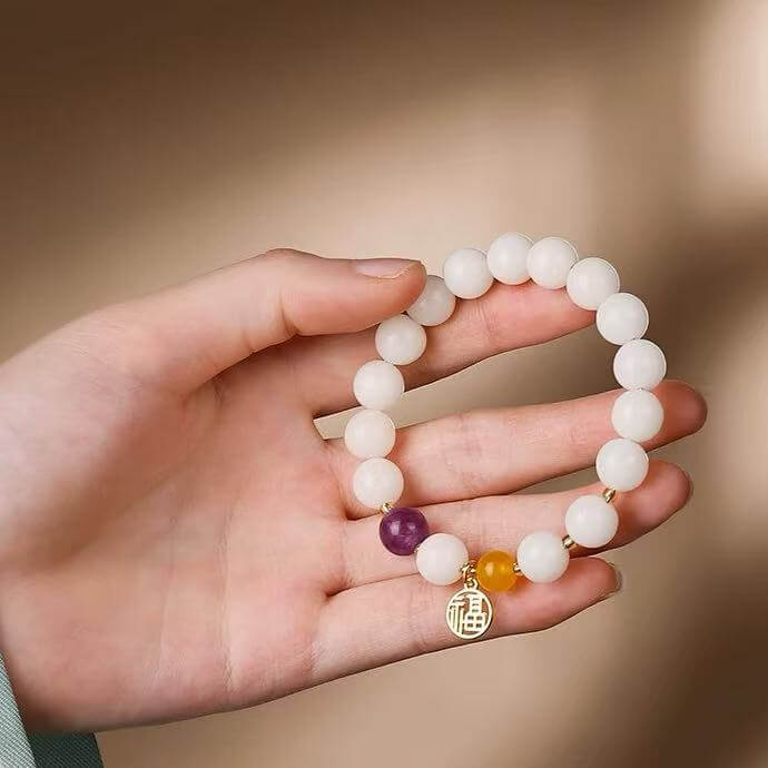 LuckyCharms White Jade Bodhi Seed Fortune Blessing Pendant Bracelet