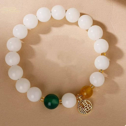 LuckyCharms White Jade Bodhi Seed Fortune Blessing Pendant Bracelet