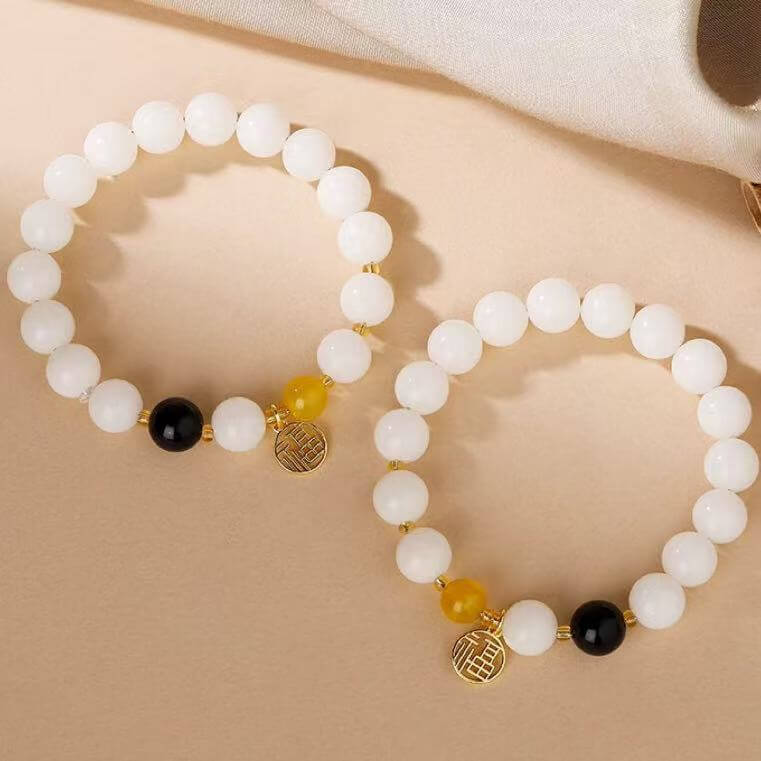 LuckyCharms White Jade Bodhi Seed Fortune Blessing Pendant Bracelet