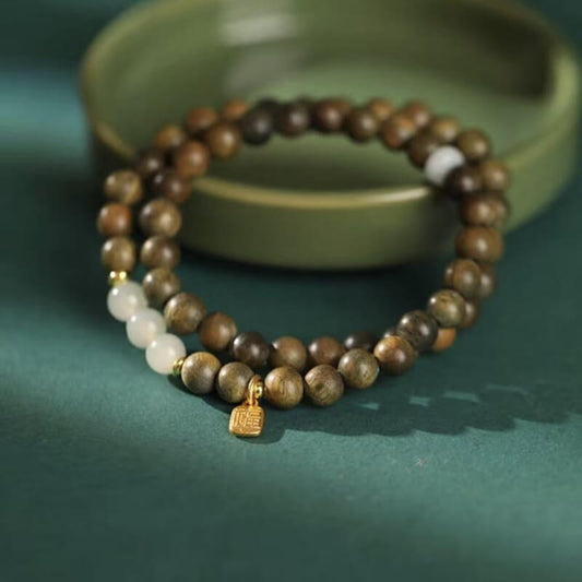 LuckyCharms Fortune Pendant Hetian Jade Bead Green Sandalwood Blessing Beaded Bracelet