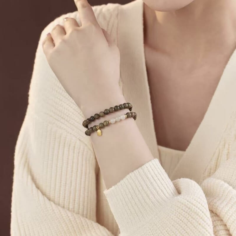 LuckyCharms Fortune Pendant Hetian Jade Bead Green Sandalwood Blessing Beaded Bracelet