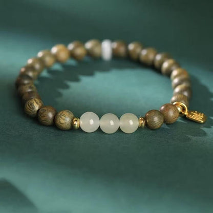 LuckyCharms Fortune Pendant Hetian Jade Bead Green Sandalwood Blessing Beaded Bracelet