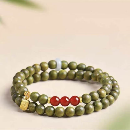 LuckyCharms Fortune Pendant Red Agate Bead Green Sandalwood Blessing Beaded Bracelet