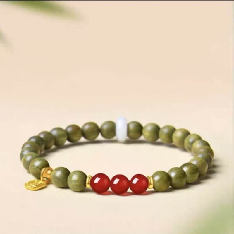 LuckyCharms Fortune Pendant Red Agate Bead Green Sandalwood Blessing Beaded Bracelet