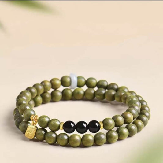 LuckyCharms Fortune Pendant Obsidian Bead Green Sandalwood Blessing Beaded Bracelet