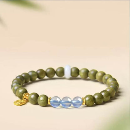 LuckyCharms Fortune Pendant Aquamarine Bead Green Sandalwood Blessing Beaded Bracelet