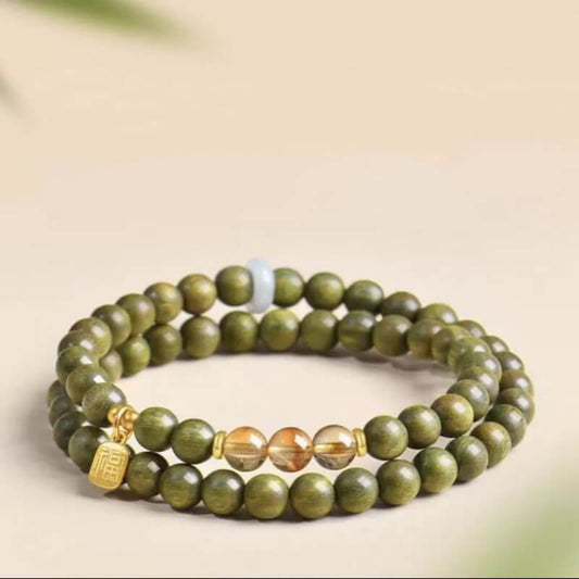 LuckyCharms Fortune Pendant Citrine Bead Green Sandalwood Blessing Beaded Bracelet