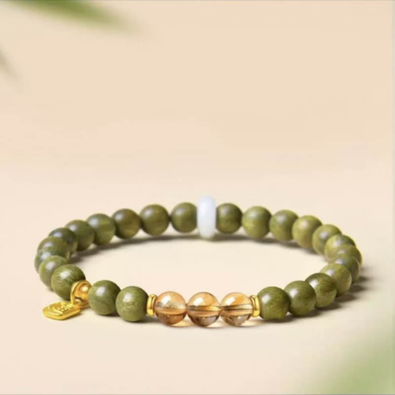 LuckyCharms Fortune Pendant Citrine Bead Green Sandalwood Blessing Beaded Bracelet