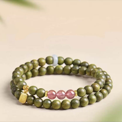 LuckyCharms Fortune Pendant Strawberry Quartz Bead Green Sandalwood Blessing Beaded Bracelet