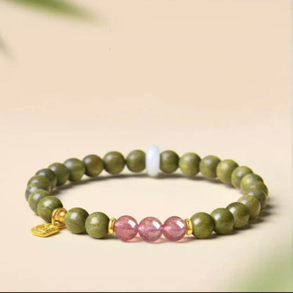 LuckyCharms Fortune Pendant Strawberry Quartz Bead Green Sandalwood Blessing Beaded Bracelet