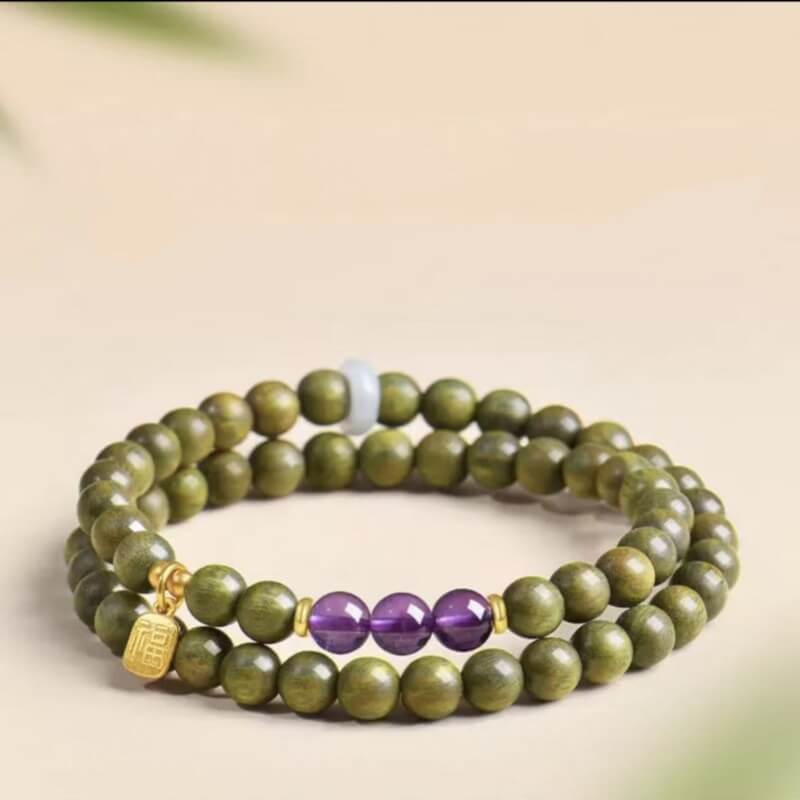LuckyCharms Fortune Pendant Amethyst Bead Green Sandalwood Blessing Beaded Bracelet