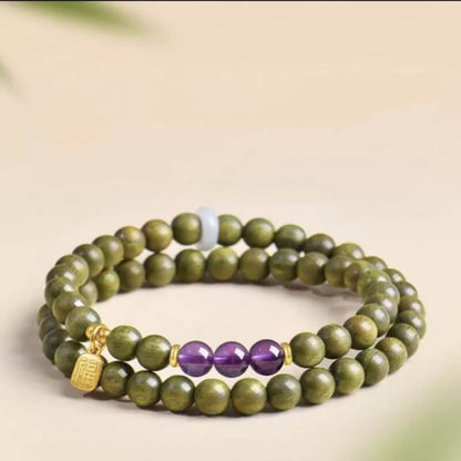 LuckyCharms Fortune Pendant Amethyst Bead Green Sandalwood Blessing Beaded Bracelet