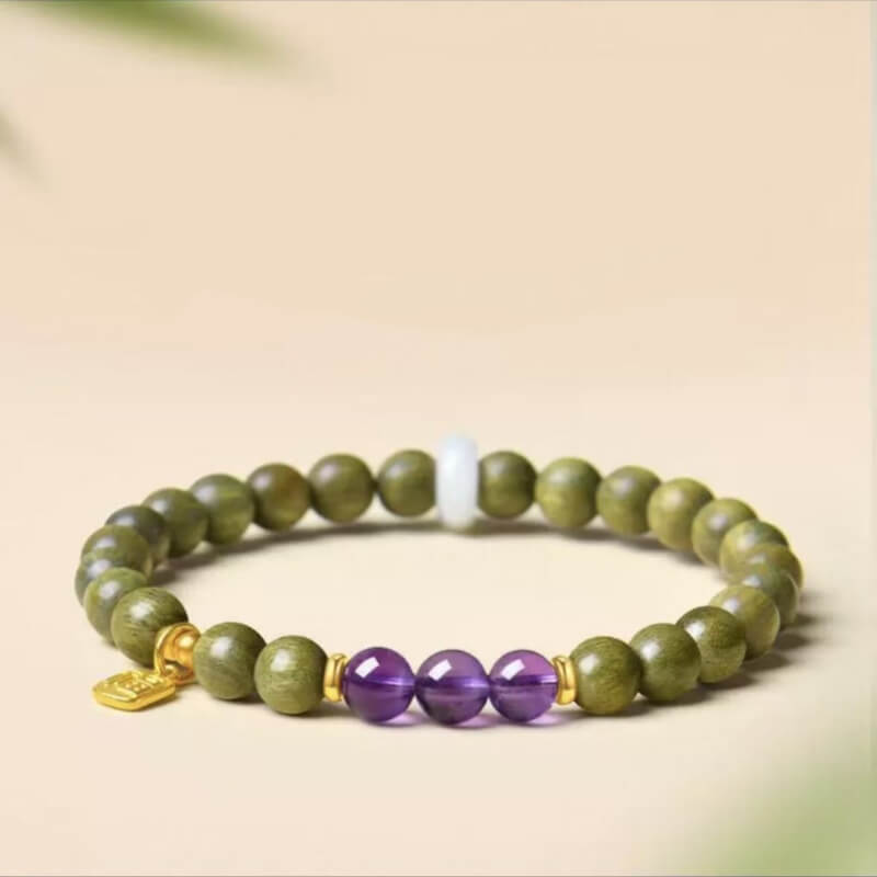 LuckyCharms Fortune Pendant Amethyst Bead Green Sandalwood Blessing Beaded Bracelet