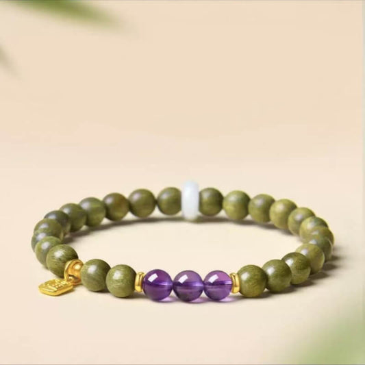 LuckyCharms Fortune Pendant Amethyst Bead Green Sandalwood Blessing Beaded Bracelet