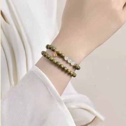 LuckyCharms Fortune Pendant Cinnabar Bead Green Sandalwood Blessing Beaded Bracelet