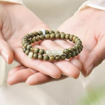 LuckyCharms Fortune Pendant Cinnabar Bead Green Sandalwood Blessing Beaded Bracelet