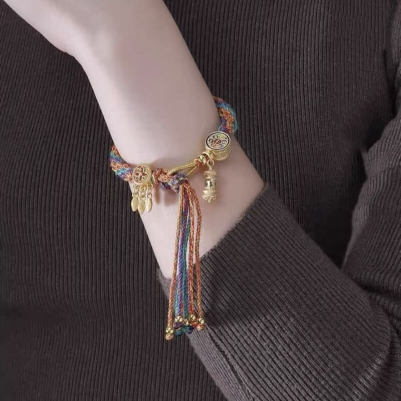 LuckyCharms Tibetan Luck Reincarnation Knot Prayer Wheel Blessing Braided Hand Rope