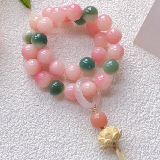 LuckyCharms Peach Pink & Cyan Jade Bodhi Lotus Wrist Beads