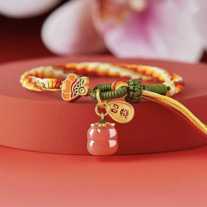 LuckyCharms Red Agate Persimmon with Gold-Plated RuYi Pendant Braided Bracelet