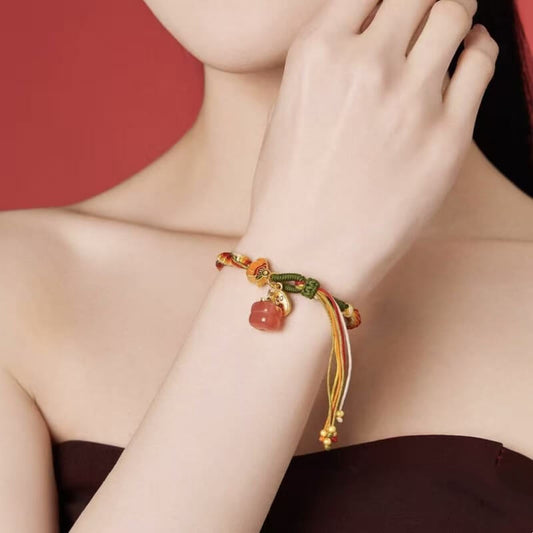LuckyCharms Red Agate Persimmon with Gold-Plated RuYi Pendant Braided Bracelet