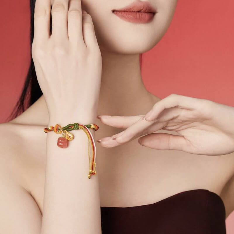 LuckyCharms Red Agate Persimmon with Gold-Plated RuYi Pendant Braided Bracelet