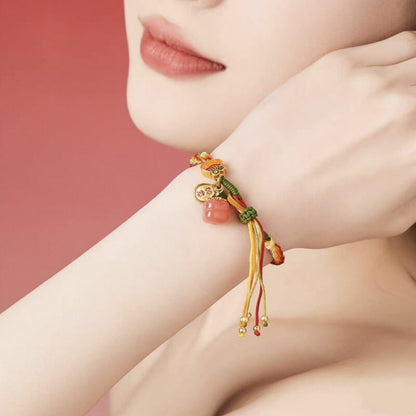 LuckyCharms Red Agate Persimmon with Gold-Plated RuYi Pendant Braided Bracelet