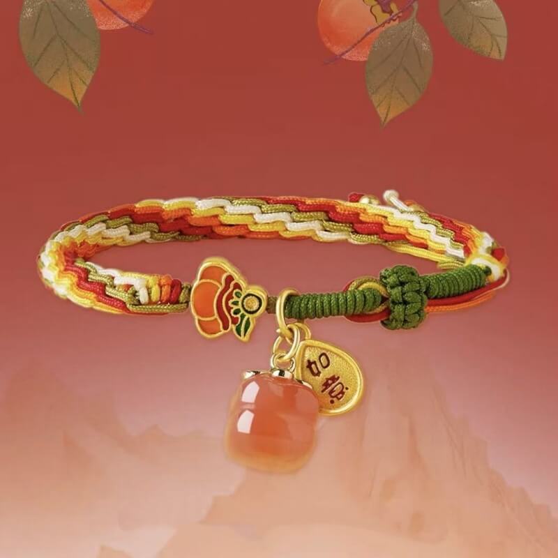 LuckyCharms Red Agate Persimmon with Gold-Plated RuYi Pendant Braided Bracelet