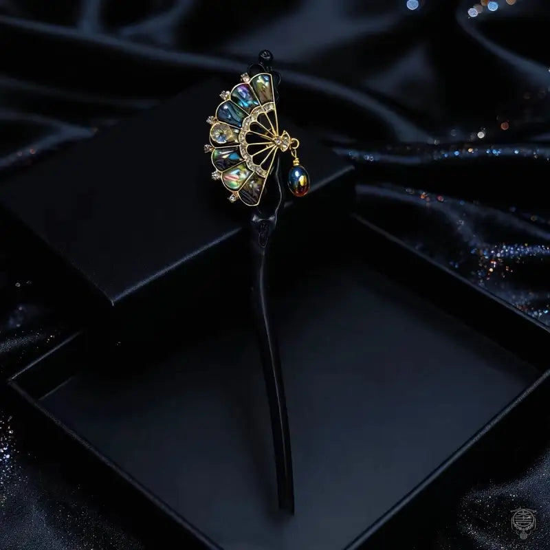 Ebony Wood Nacre Hairpin - Handcrafted Shell Fan Hair Stick