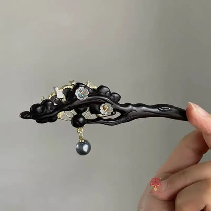 Ebony Wood Nacre Hairpin - Handcrafted Shell Fan Hair Stick