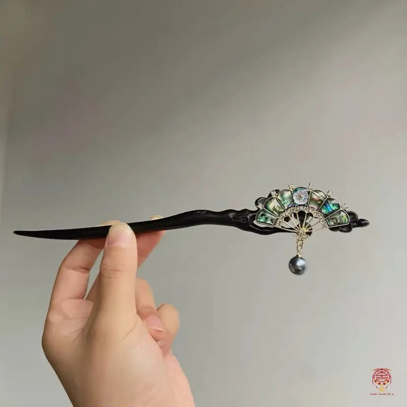 Ebony Wood Nacre Hairpin - Handcrafted Shell Fan Hair Stick