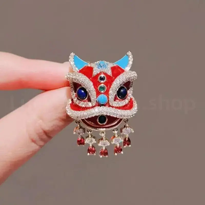 Chinese-Style Lion Dance Enamel Brooch with Crystal Inlays-LuckyCharms.Shop