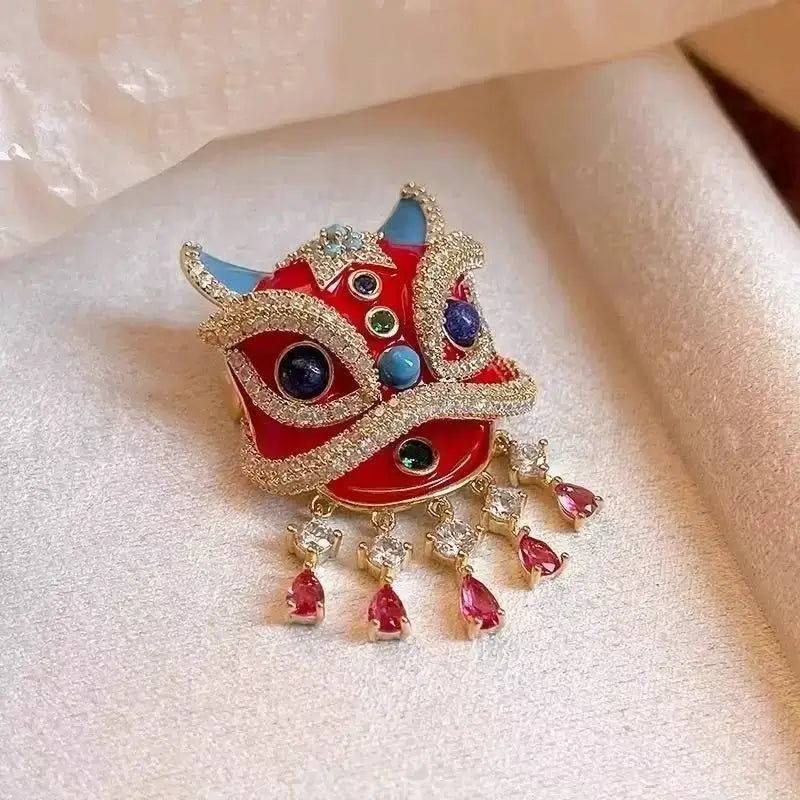 Chinese-Style Lion Dance Enamel Brooch with Crystal Inlays-LuckyCharms.Shop