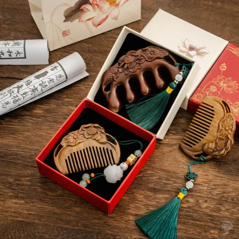 Carved Wooden Comb Gift Set with Lotus Gift Box & Tote Bag