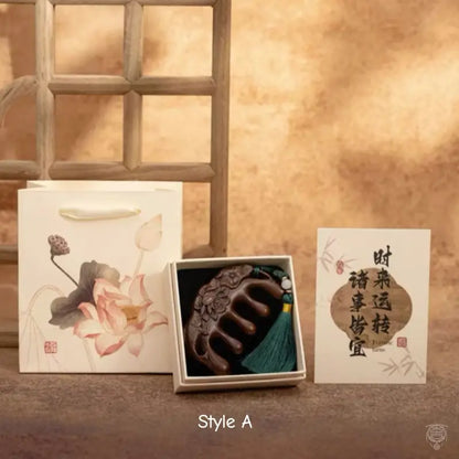 Carved Wooden Comb Gift Set with Lotus Gift Box & Tote Bag