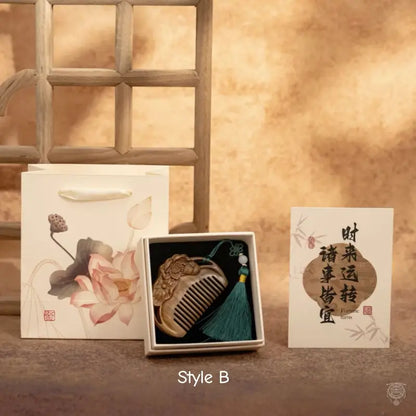 Carved Wooden Comb Gift Set with Lotus Gift Box & Tote Bag